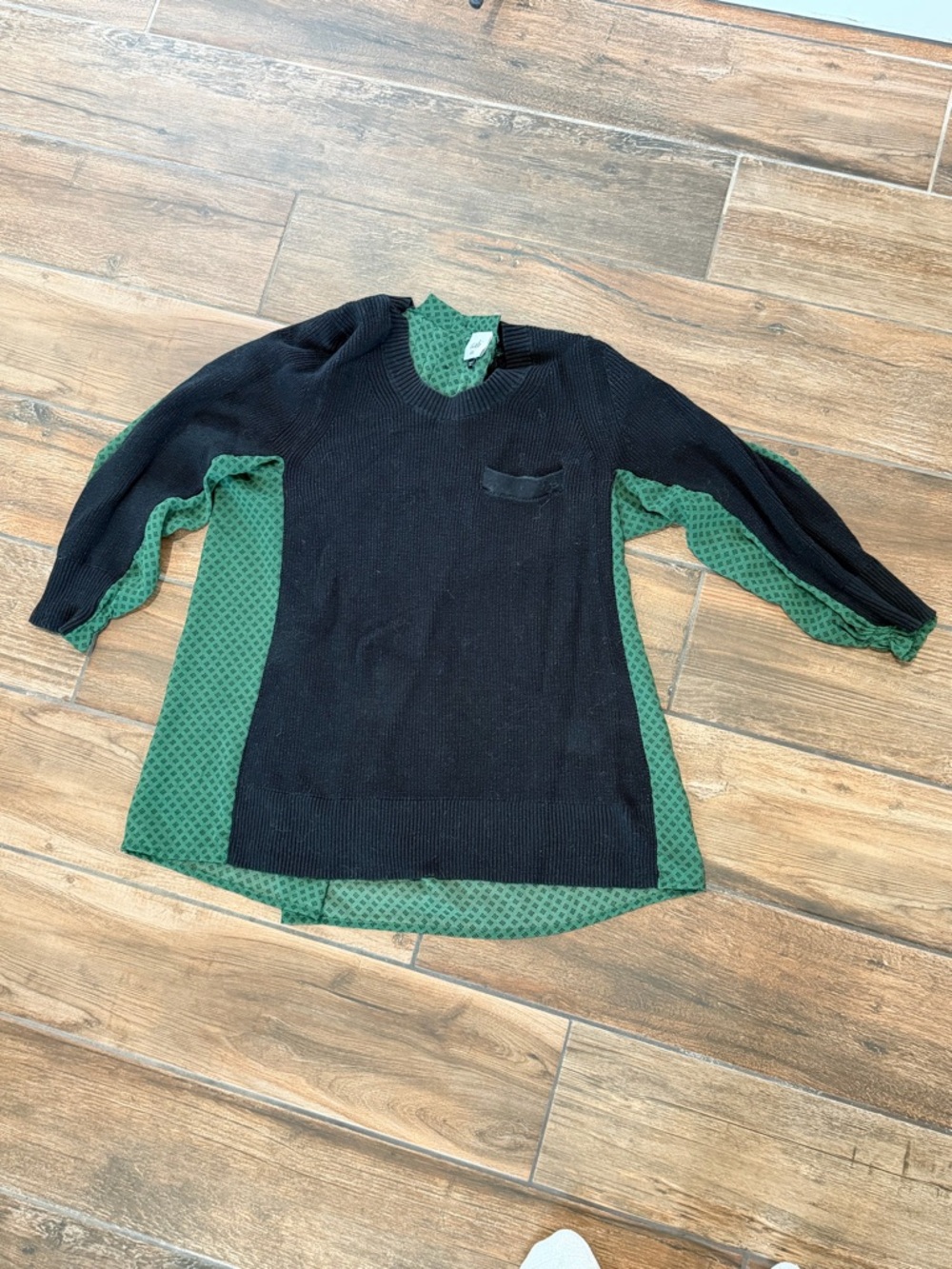 CAbi Black Sweater with Green Patterned Lining